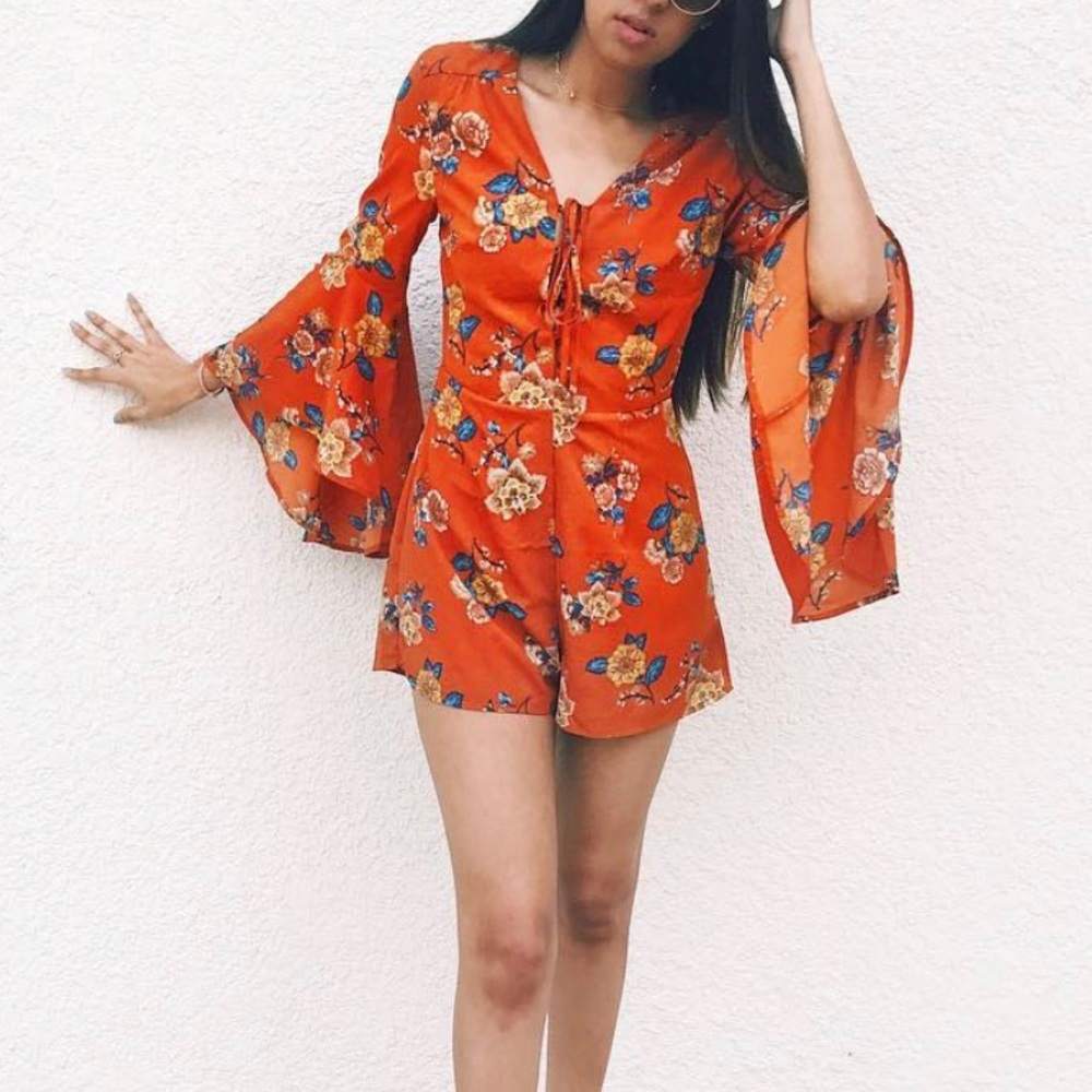 Orange Bell Sleeve Floral Romper
